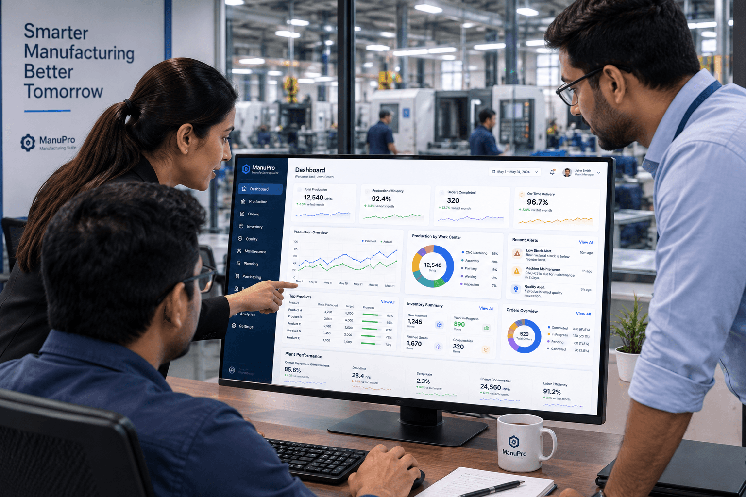 Plant managers reviewing a live manufacturing dashboard on the shop floor